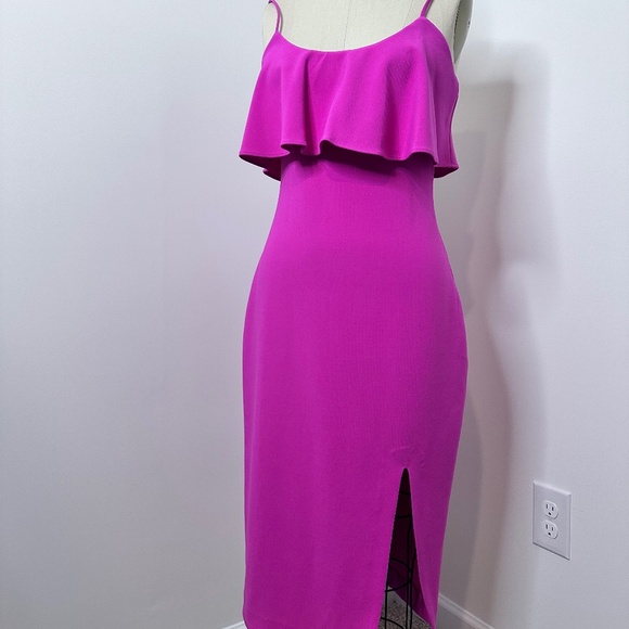 💜 Likely Magenta Ruffle Overlay Spaghetti Strap Sheath Dress 💜 - Picture 1 of 5